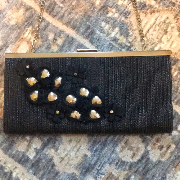Embellished Black Clutch with Optional Chain Strap WHBM